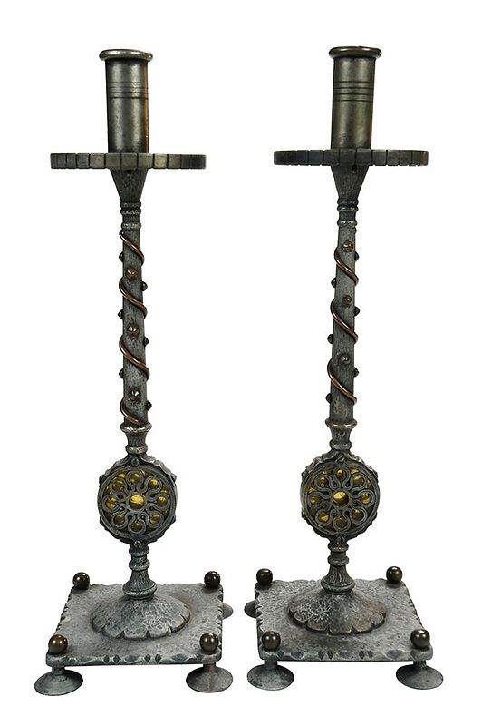 Appraisal: Pair of Oscar Bach Patinated Bronze Candlesticks American th century