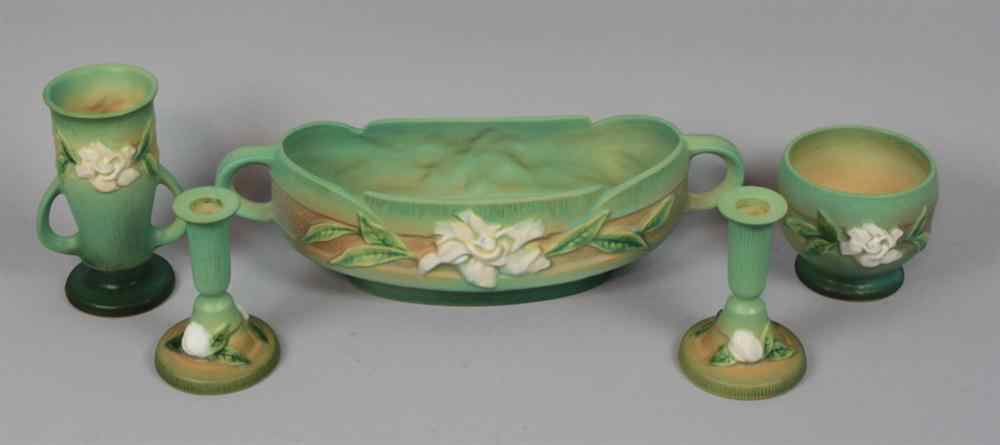 Appraisal: TWO ROSEVILLE POTTERY GREEN GARDENIA PATTERN CONSOLE PLANTERS flattened oval