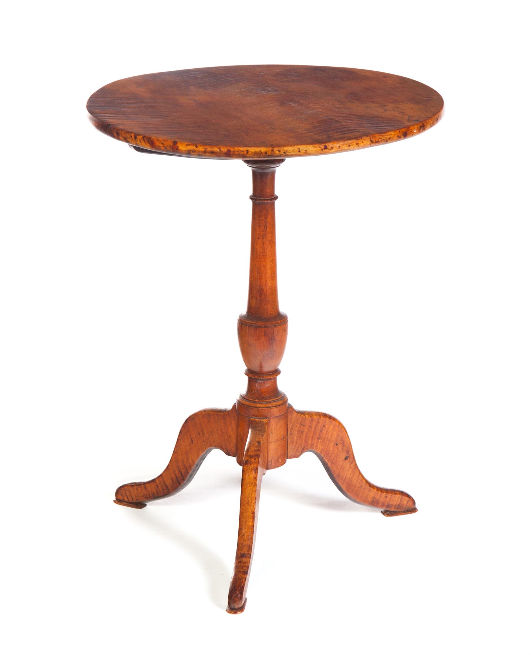 Appraisal: AMERICAN TILT TOP CANDLE STAND Mid th century curly maple