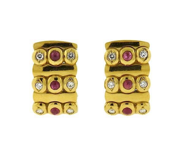 Appraisal: K Gold Ruby Diamond Half Hoop Earrings METAL K Gold