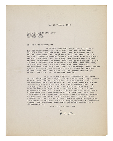 Appraisal: WARNING AGAINST AMERICAN ANTI-SEMITISM EINSTEIN ALBERT Typed Letter Signed A