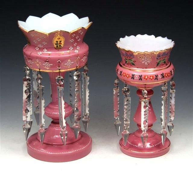 Appraisal: A VICTORIAN PINK GLASS LUSTRE with cut glass drops and