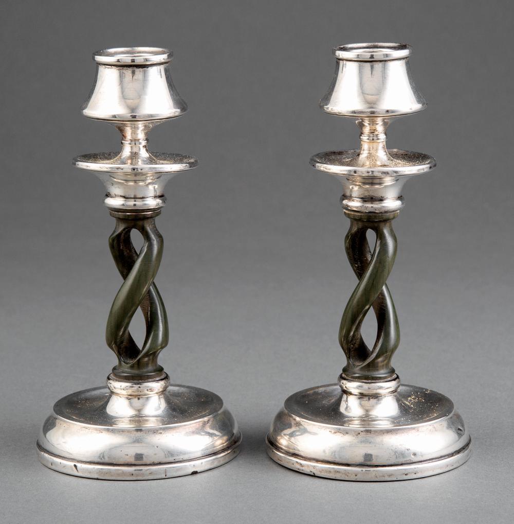 Appraisal: Pair of English Sterling Silver and Tinted Horn Candlesticks th