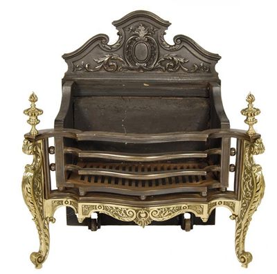 Appraisal: A cast iron steel and brass firegrate the surmount with