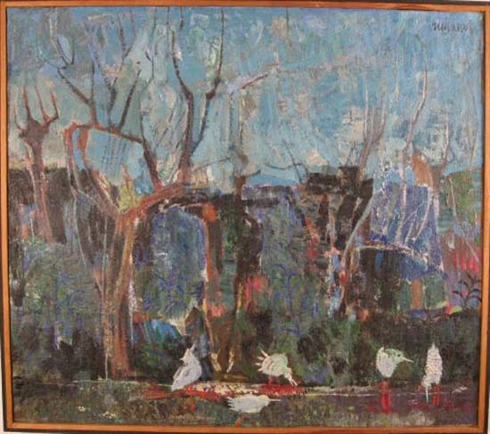 Appraisal: Leopoldo Quijano Waterbirds in Landscape Oil on canvas s Framed