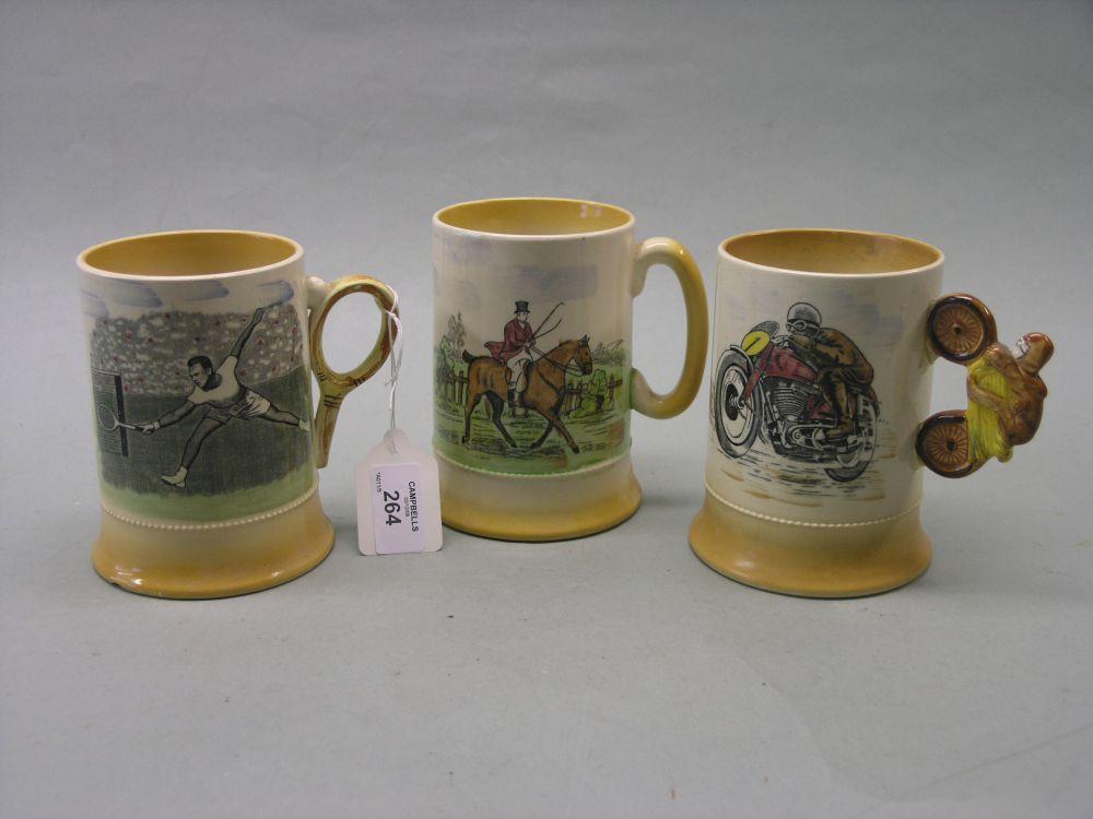 Appraisal: A set of three Arthur Wood sporting mugs motor-cyclist tennis