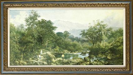 Appraisal: American School Landscape with Stream and Figures Print on canvas