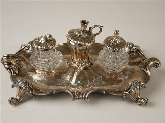 Appraisal: A th C Silverplated Standish unmarked having a rococo tray