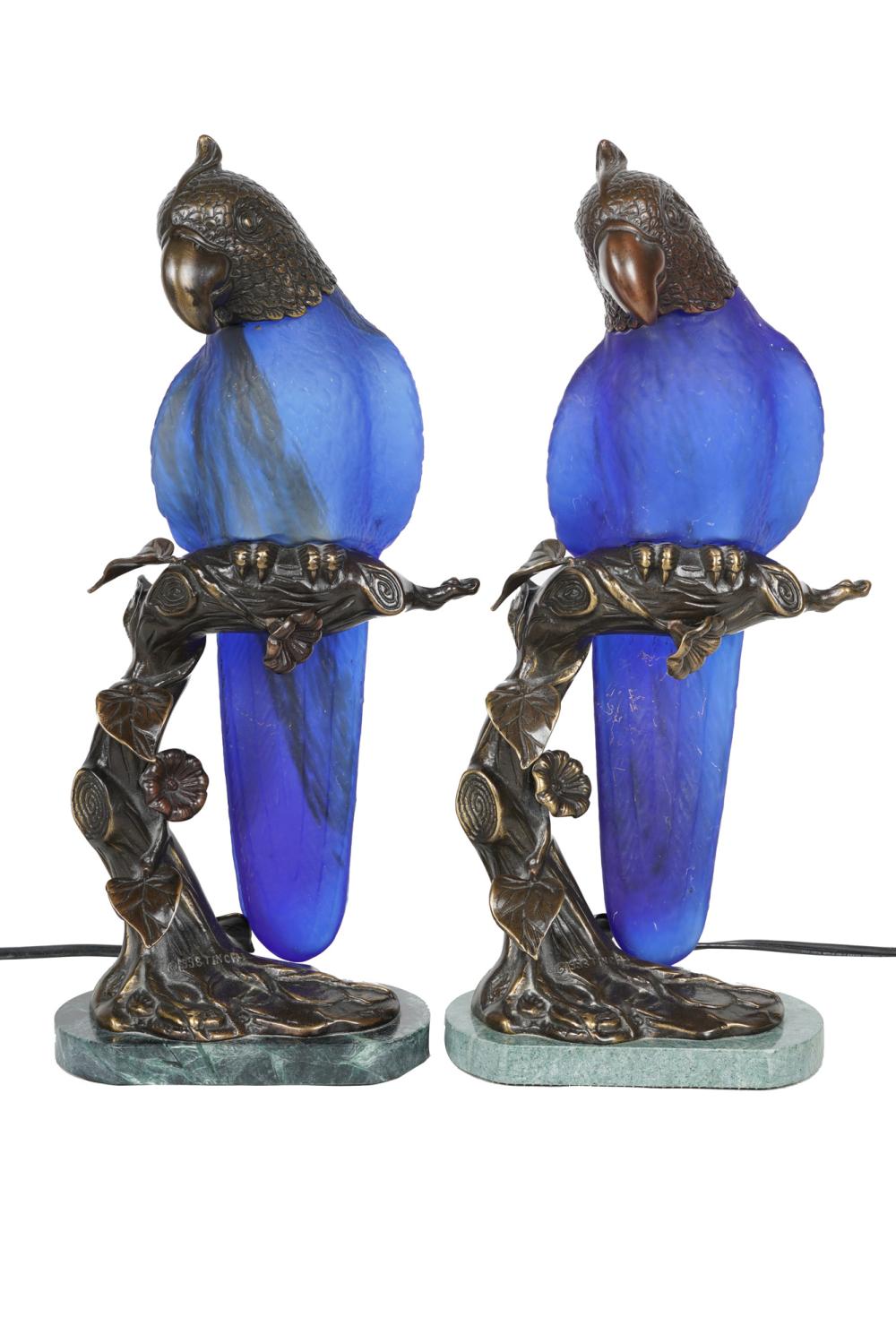 Appraisal: PAIR OF TINCHI BRONZE GLASS PARROT-FORM TABLE LAMPScirca signed and