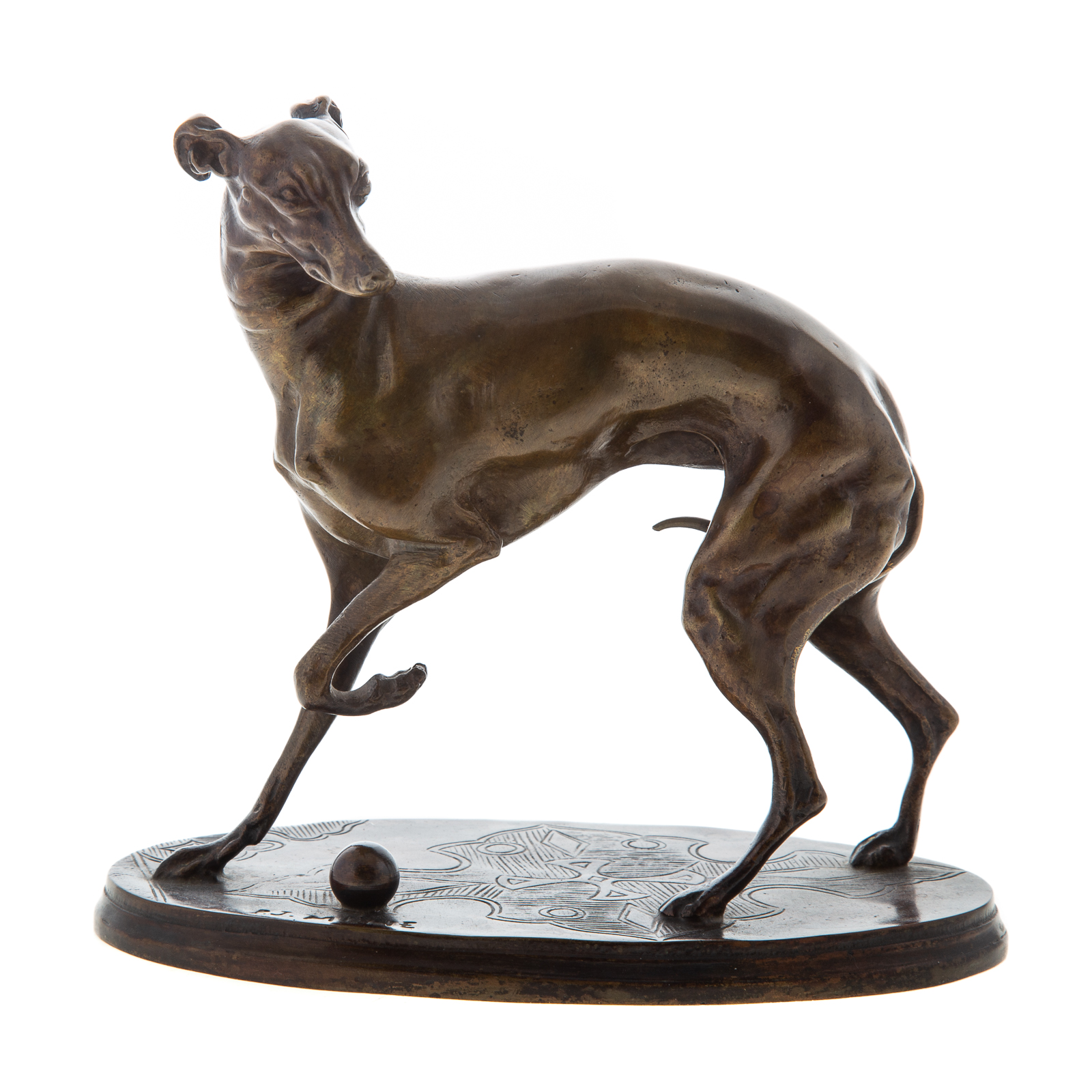 Appraisal: PIERRE JULES MEN WHIPPET WITH BALL BRONZE French - Small