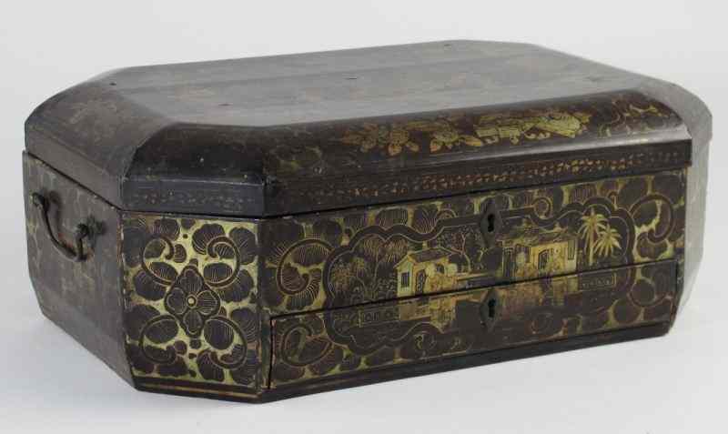 Appraisal: Antique Chinoiserie Sewing Boxlacquered Chinoiserie design to box interior with