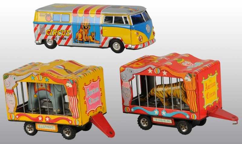 Appraisal: Lot of Tin Litho Circus Vehicle Friction Toys Description Japanese