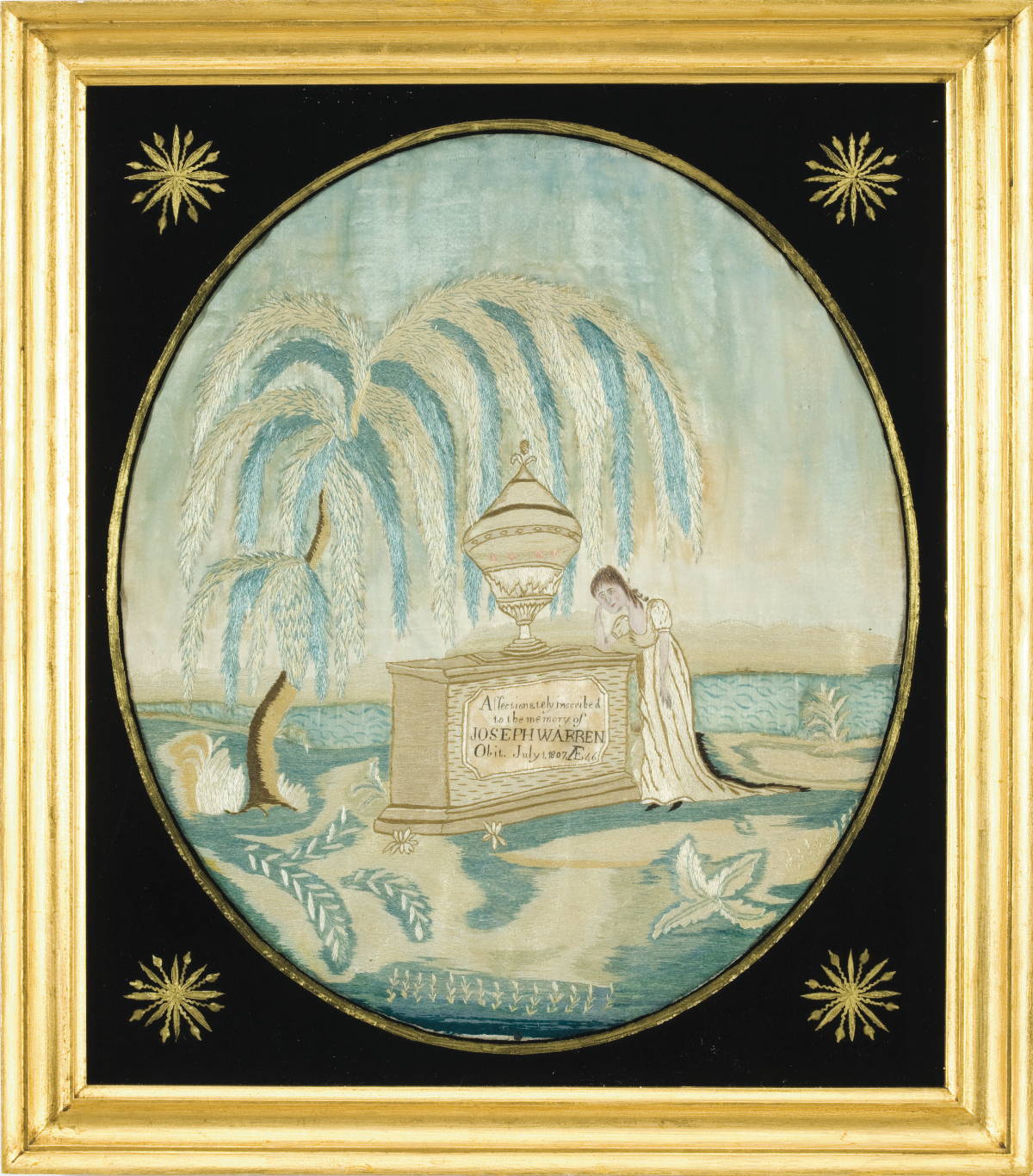 Appraisal: JOSEPH WARREN WATERCOLOR AND SILK NEEDLEWORK MEMORIAL PICTURE PROBABLY BYFIELD