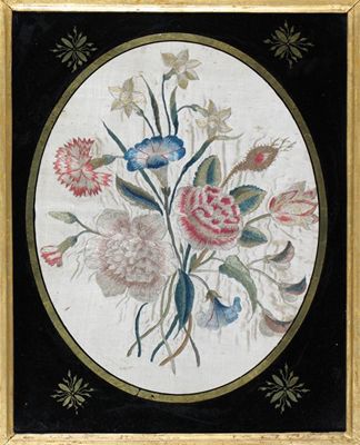 Appraisal: A th century oval floral embroidered picture on a silk