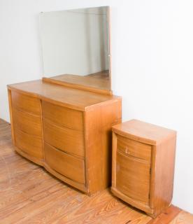 Appraisal: Teak Dresser w Mirror Nightstand Set Mid-century modern dresser having