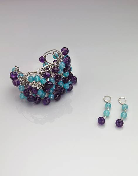 Appraisal: Suite of Blue Chalcedony and Amethyst Jewelry Comprising a bracelet