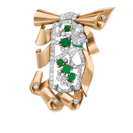 Appraisal: Gold Platinum Diamond and Carved Emerald and Emerald Clip Estimate