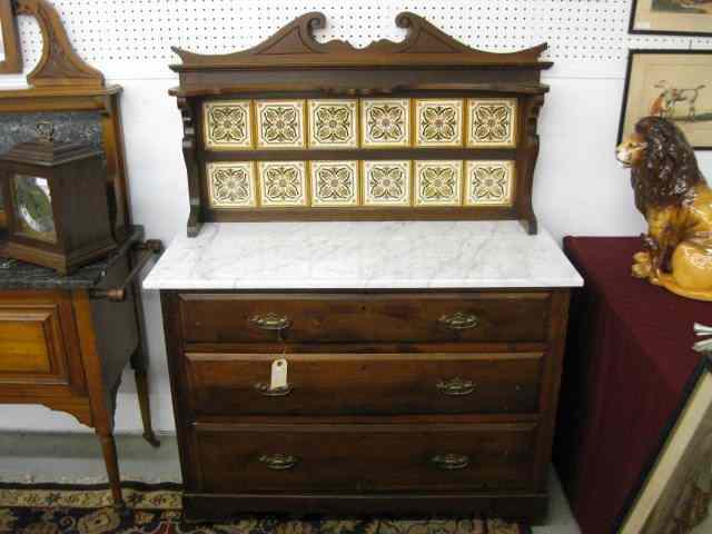 Appraisal: English Victorian Server marble top and art pottery tile backboard