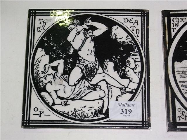 Appraisal: FOUR MINTON TILES monochrome depicting biblical scenes including 'The Death