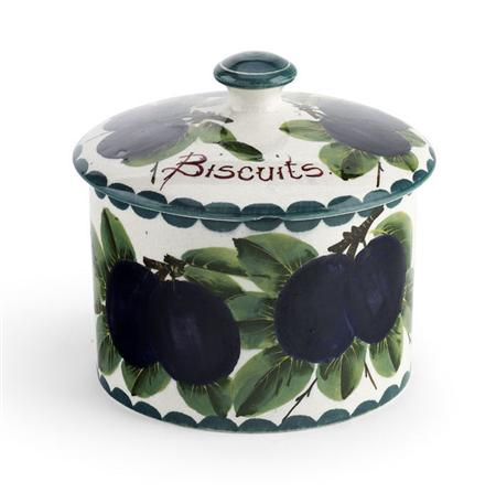 Appraisal: WEMYSS BISCUIT BARREL COVER EARLY TH CENTURY decorated with purple