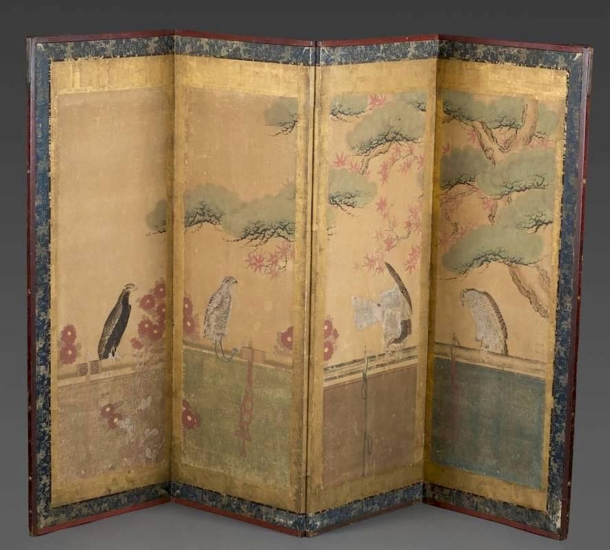 Appraisal: Four panel Japanese screen with falconry A four panel Japanese