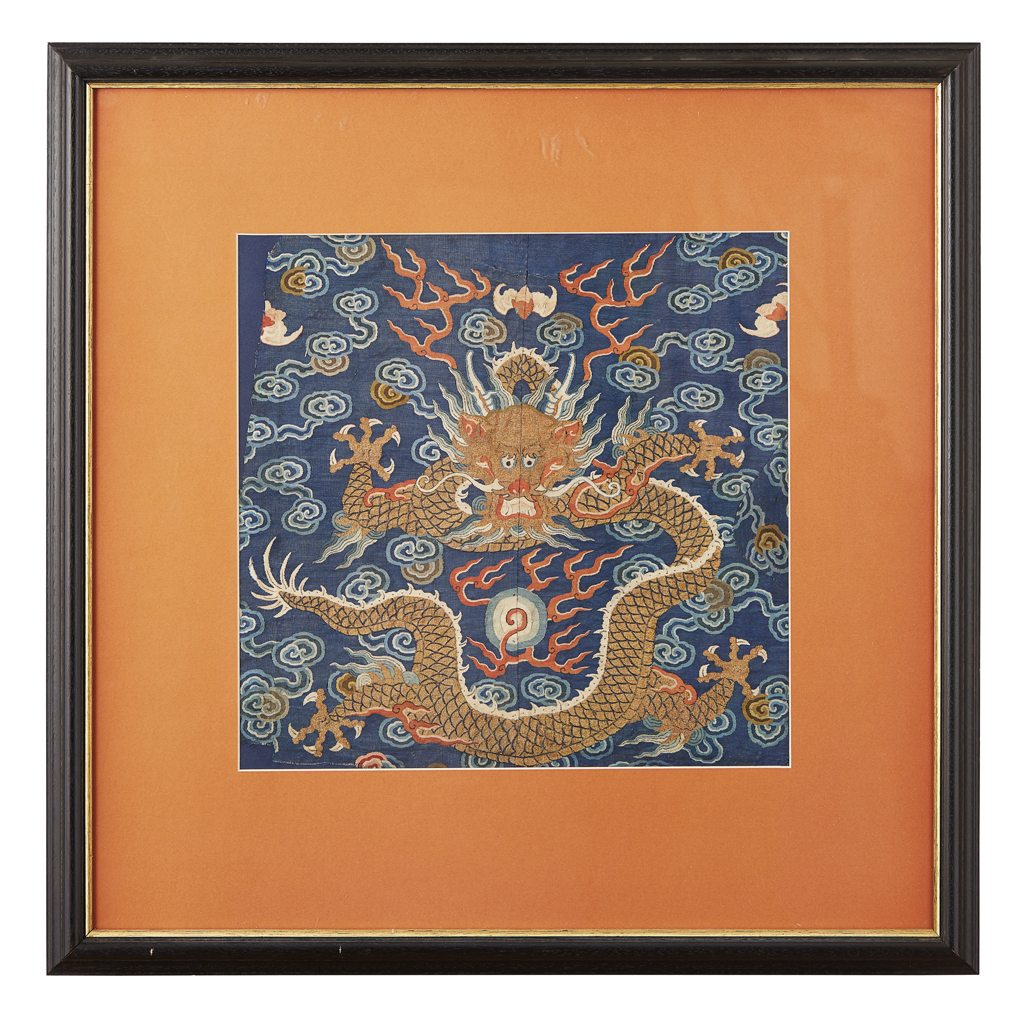 Appraisal: EMBROIDERED SILK 'DRAGON' PANEL QING DYNASTY TH CENTURY worked in