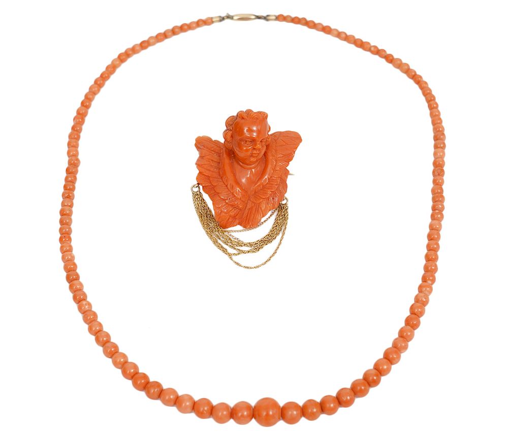 Appraisal: Natural Coral Bead Necklace and Coral Angel Brooch Graduated natural