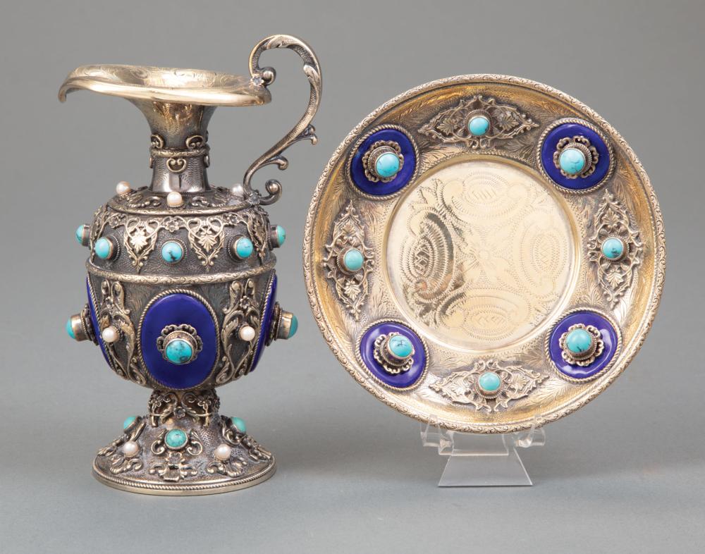 Appraisal: Continental Silver Cobalt Enamel and Bejeweled Ewer and Underplate elaborately