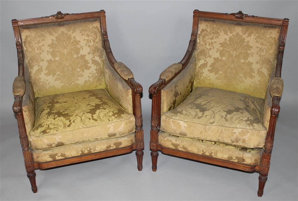 Appraisal: PAIR OF LOUIS XVI STYLE BEECHWOOD BERGERES upholstered in celadon