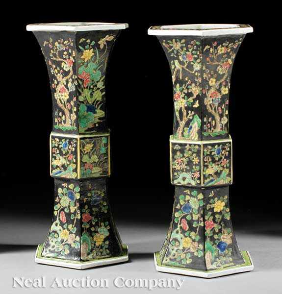 Appraisal: A Pair of Chinese Famille Noire Porcelain Hexagonal Beaker Vases