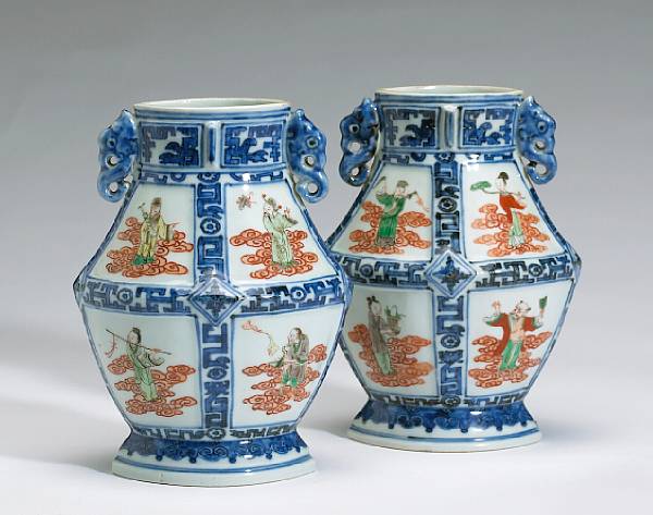 Appraisal: A pair of underglaze blue and overglaze enameled porcelain archaistic