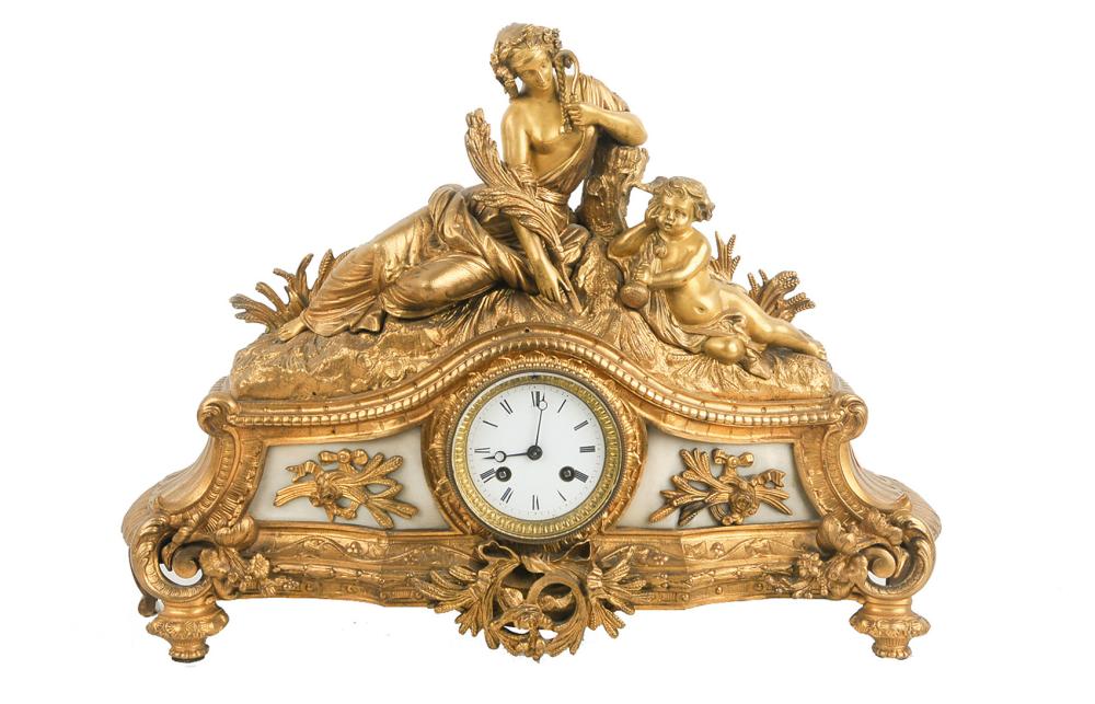 Appraisal: FRENCH GILT BRONZE FIGURAL MANTEL CLOCKCondition with small chip to