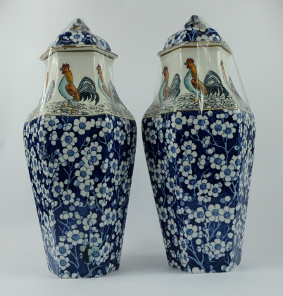 Appraisal: Pair Woods unusual vases covers decorated with tube lined cockerels