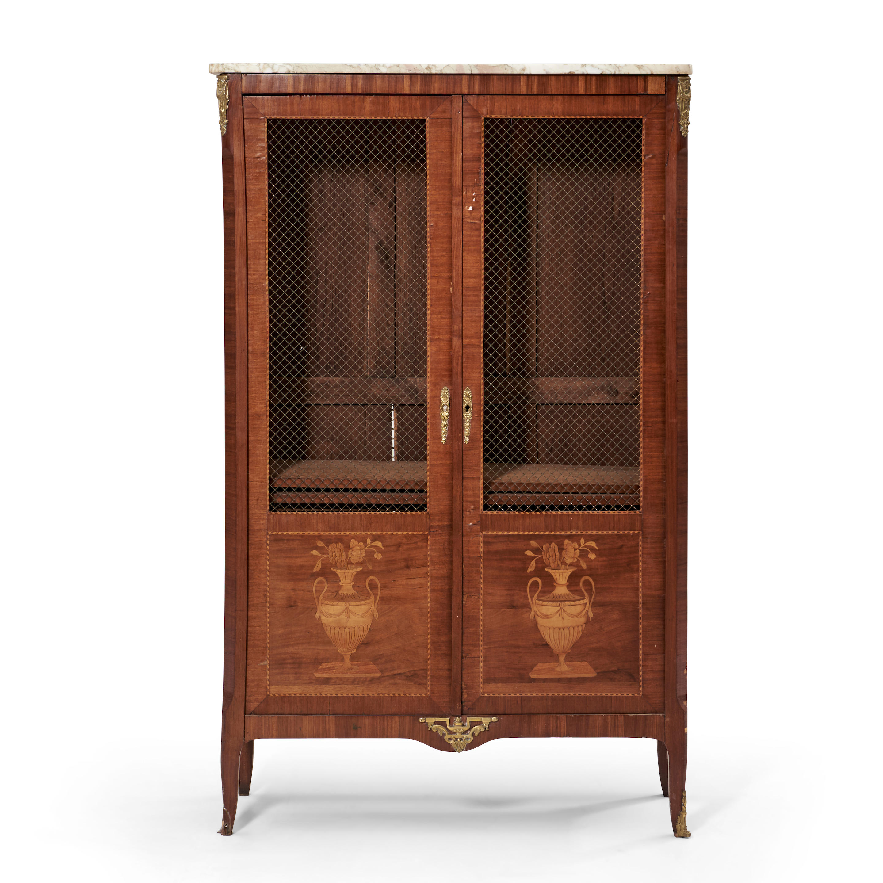 Appraisal: LOUIS XVI-STYLE MAHOGANY-VENEER MARBLE-TOP CABINET the lattice wire door above