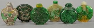 Appraisal: Six carved jadeite and jade snuff bottles ht in Six