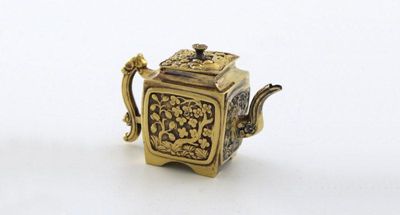 Appraisal: A William IV silver-gilt miniature Chinoiserie tea pot of square