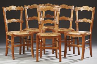 Appraisal: Set of Six French Provincial Carved Cherry Rushsea Set of