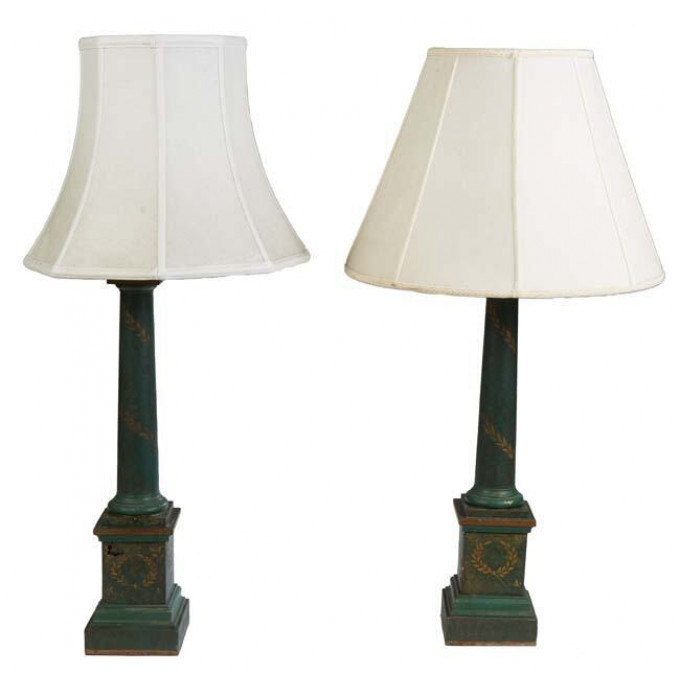 Appraisal: Pair of Green Tole Columnar Table Lamps th c with