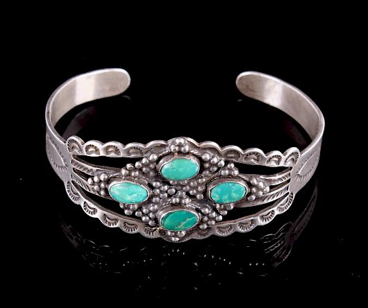 Appraisal: Navajo Old Pawn Style Silver Fox Turquoise Cuff This is