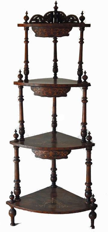 Appraisal: Victorian burr walnut corner whatnot the foliate pierced fret top