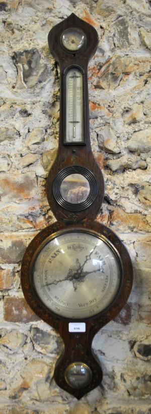 Appraisal: A th century polychrome decorated rosewood wheel barometer the silvered