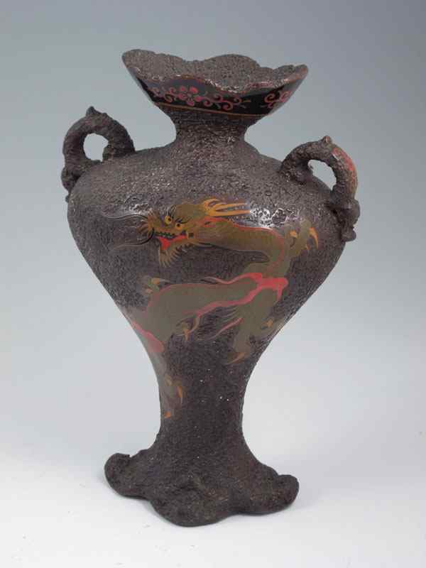 Appraisal: JAPANESE TOTAI TREE BARK CLOISONNE DOUBLE HANDLE VASE Dragon design