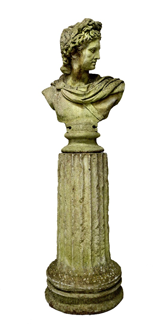 Appraisal: A reconstituted stone bust of Apollo on fluted column the