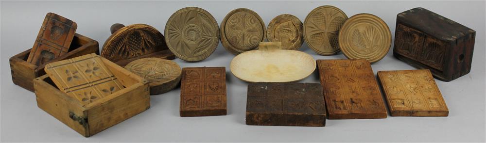 Appraisal: FOURTEEN CARVED WOOD BUTTER MOLDS AND A WOOD DISH the