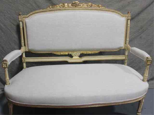 Appraisal: Louis XV Style Painted and Gilded UpholsteredSettee From a Riverhead