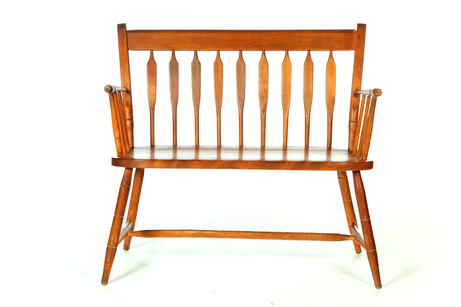 Appraisal: DIMINUTIVE WINDSOR SETTEE American nd quarter- th century mixed woods