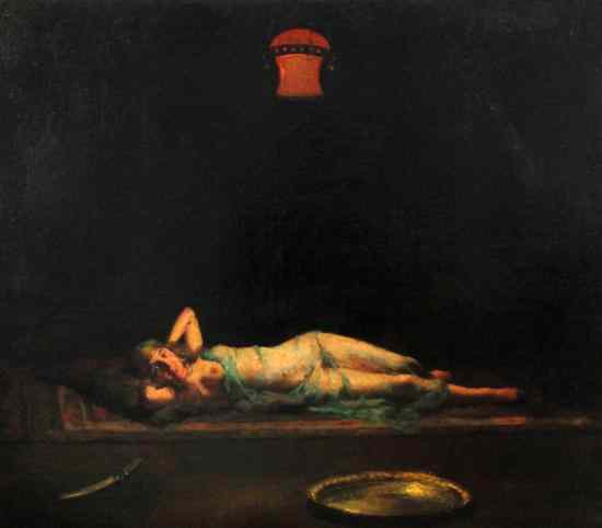 Appraisal: Orientalist School oil on canvas Odalisque lying beneath a lantern