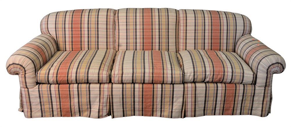 Appraisal: Large Custom Three Cushion Sofa having red striped upholstery length