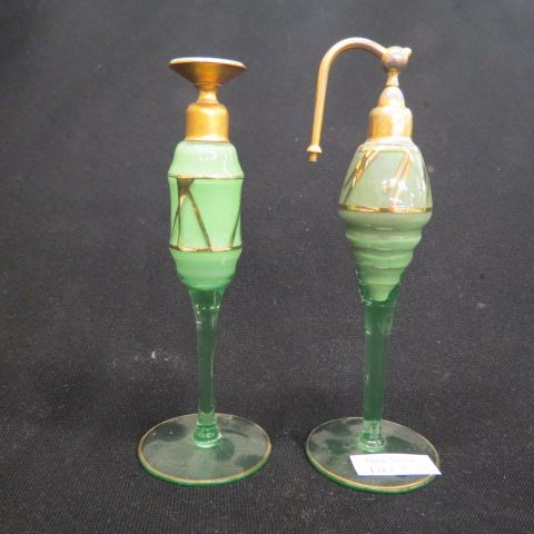 Appraisal: Art Deco Green Glass Perfume Atomizer gold trim pedestal bases