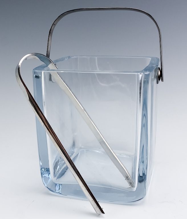 Appraisal: Cartier Modernist Blue Crystal Ice Bucket w Tongs Vintage glass